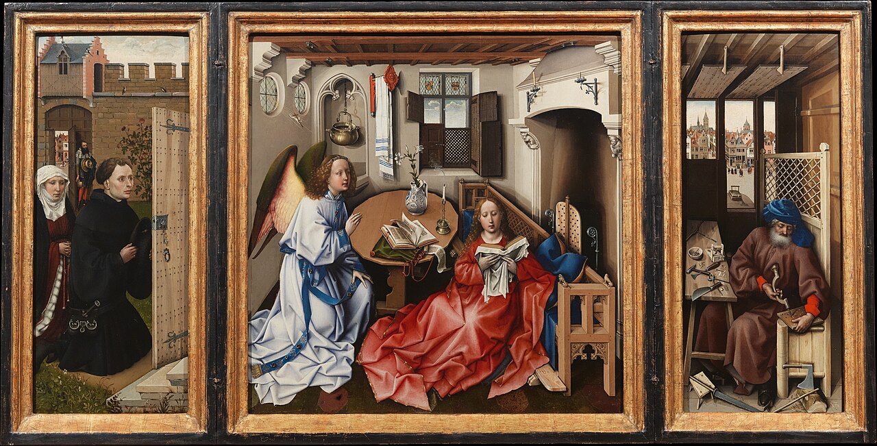 Robert Campin《梅罗德祭坛画》:报喜场景中光从窗侧进入室内