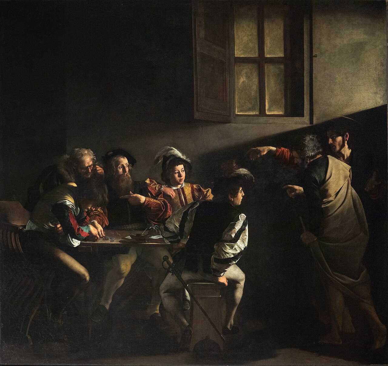 Caravaggio《圣马太的召唤》:暗室中一束斜光指向桌边人物