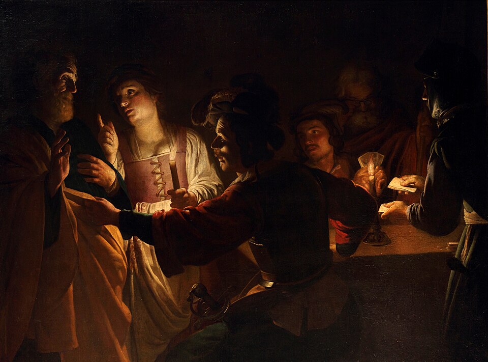Honthorst《圣彼得否认耶稣》:烛光把人物从暗处切出
