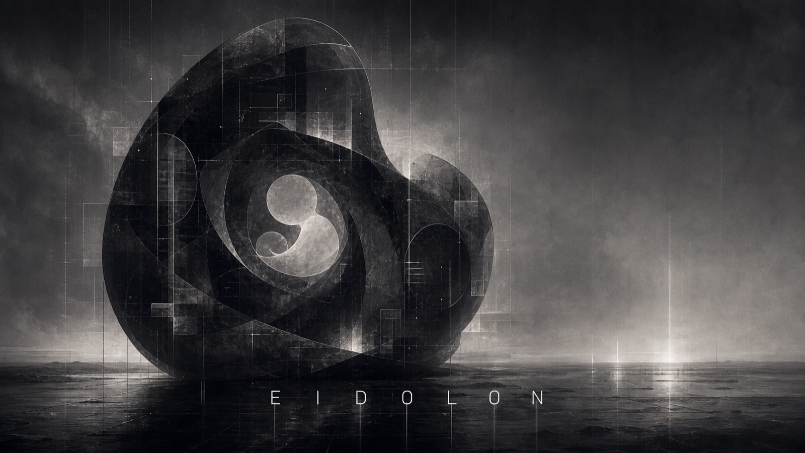 EIDOLON —— 一座漂浮于雾色平原上的巨型有机几何体,中心有一只隐约的眼睛,底部 EIDOLON 字样